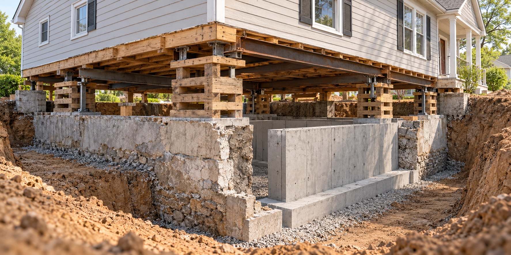 Conceptual view of a house temporarily supported while a foundation section is replaced.