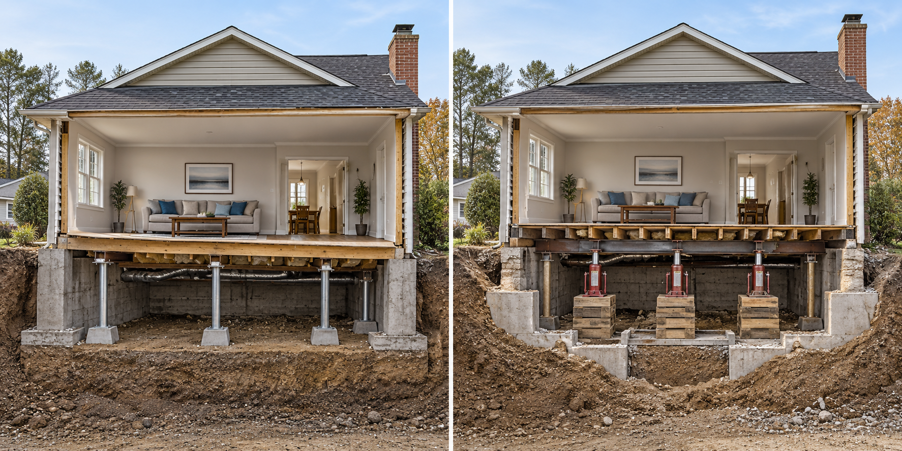Conceptual comparison of foundation stabilization with house lifting for elevation correction.