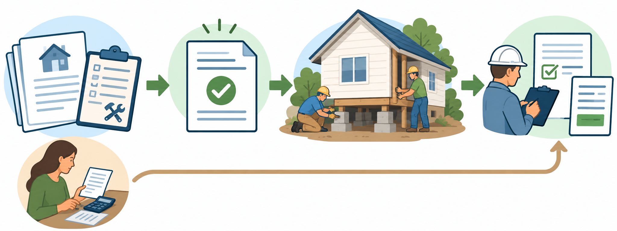 Illustrated sequence from repair application and approval through construction, inspection, and payment, with owner contribution shown separately.