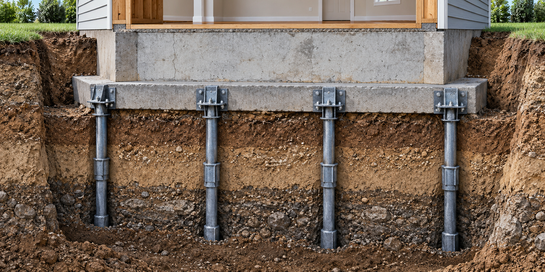 Conceptual cutaway of a foundation wall transferring load through pier supports into deeper soil; layout shown for illustration only.