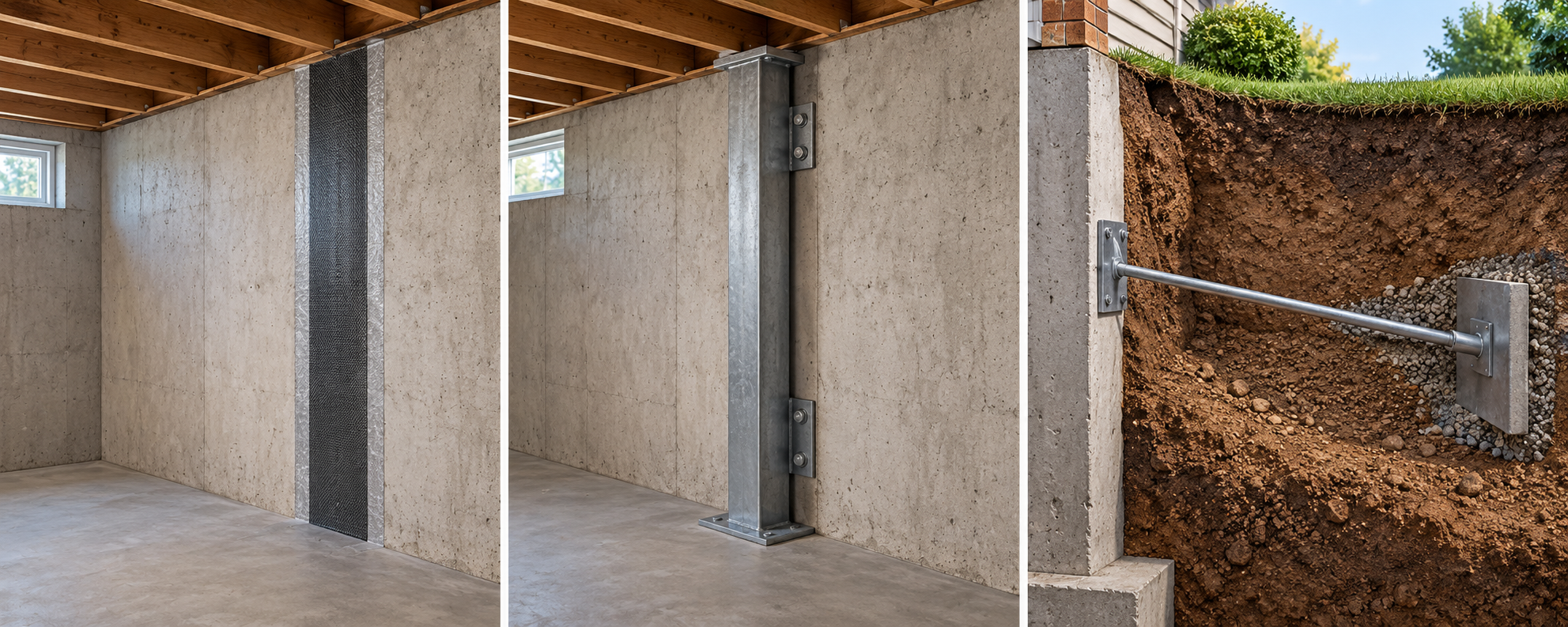Conceptual comparison of interior composite strips, steel bracing, and an exterior tieback system.
