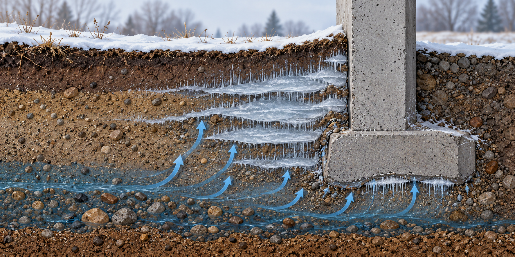 Conceptual cross-section of water migration and ice lenses lifting frost-susceptible soil beneath a foundation.