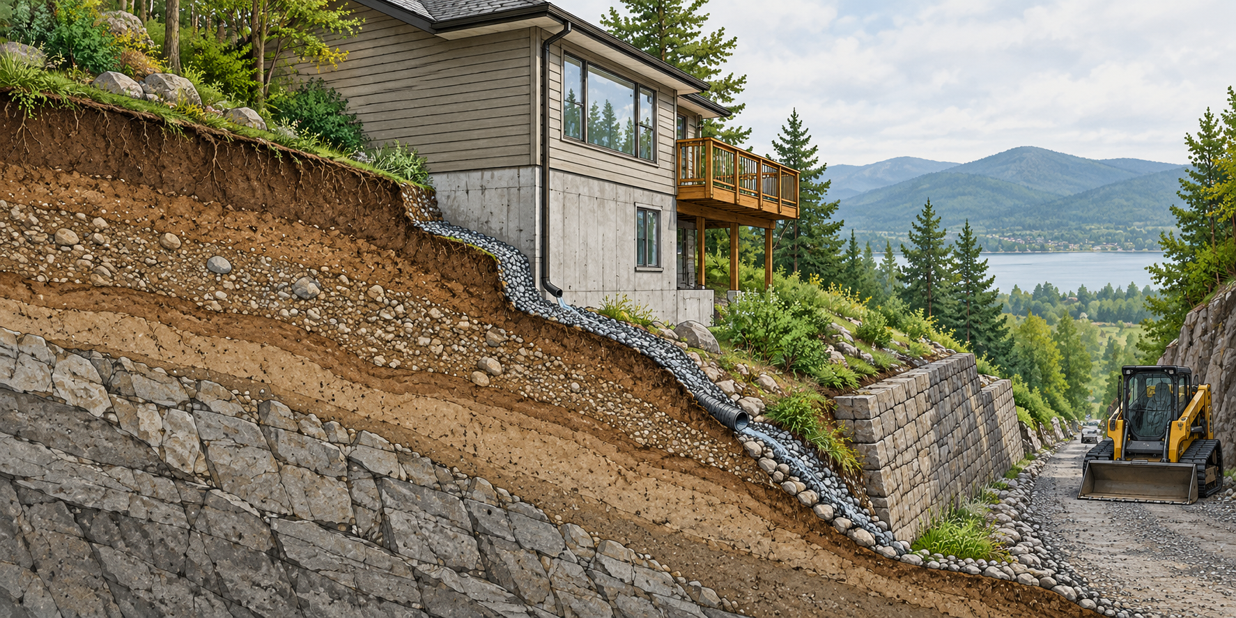 A house on a steep hillside showing sloped ground, retaining conditions, drainage interfaces, and constrained equipment access.