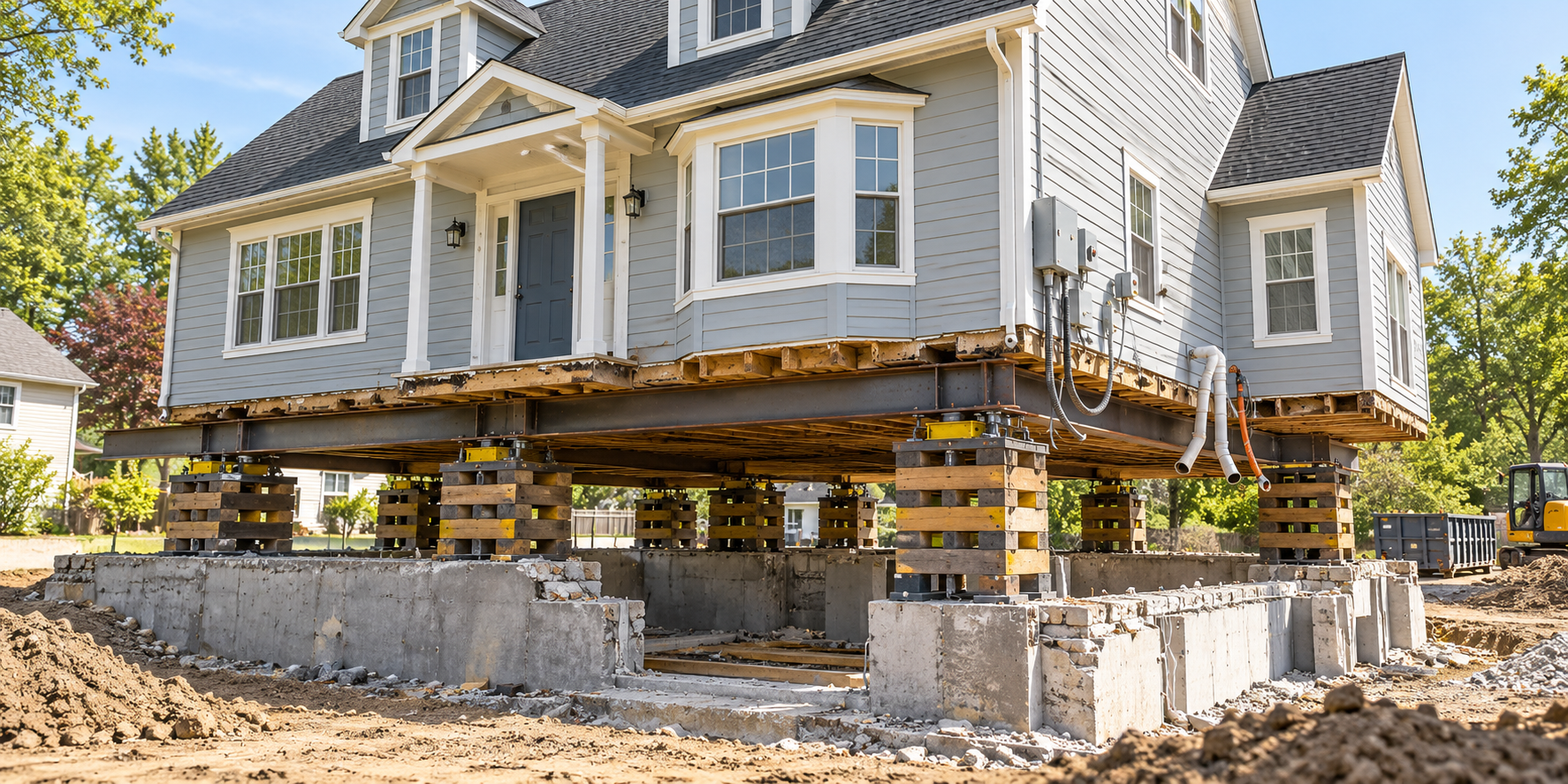 Conceptual view of a house temporarily supported above its foundation for coordinated repair work.