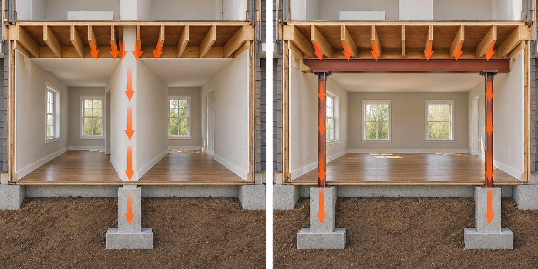 Conceptual before-and-after load path for replacing a bearing wall with a beam and posts.