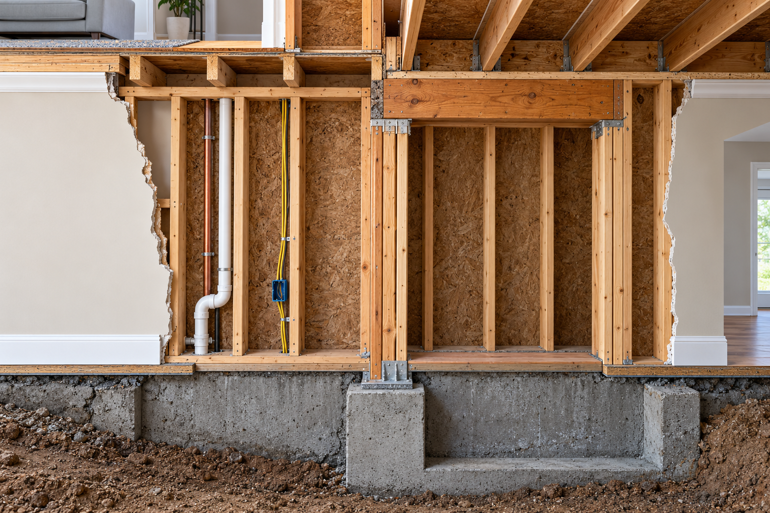Cutaway of a framed wall repair showing connections to floor framing, foundation, and nearby utilities.