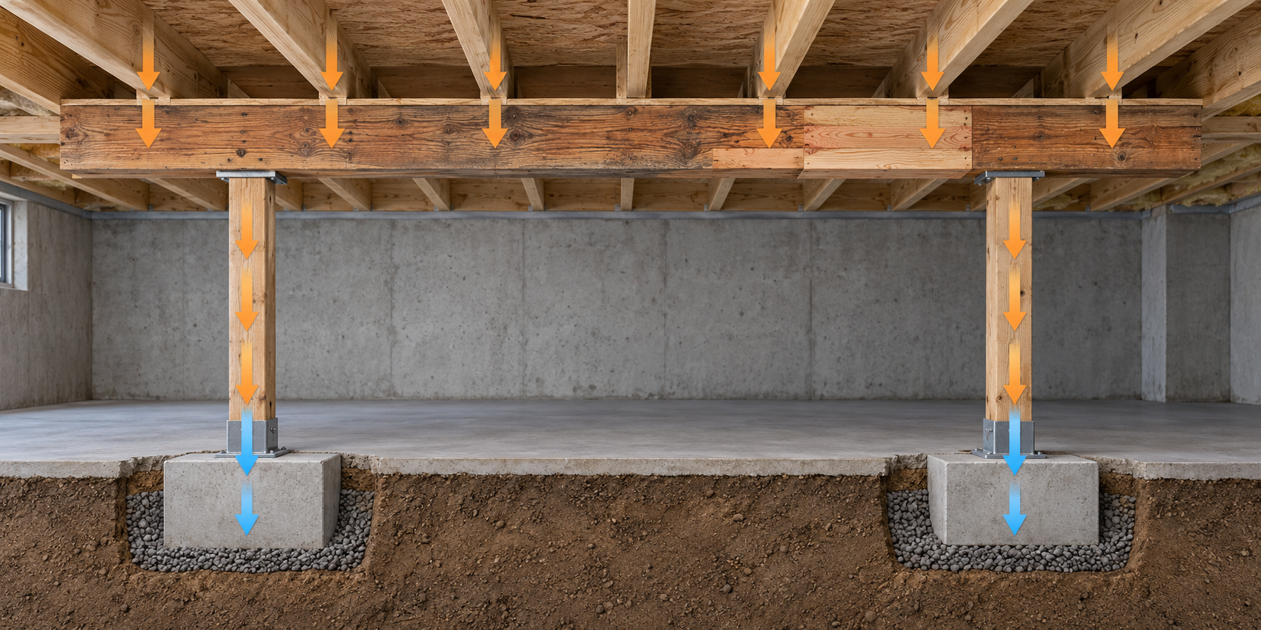 Conceptual load path from floor joists through a main support beam and posts to concrete footings, with a localized repair area highlighted.