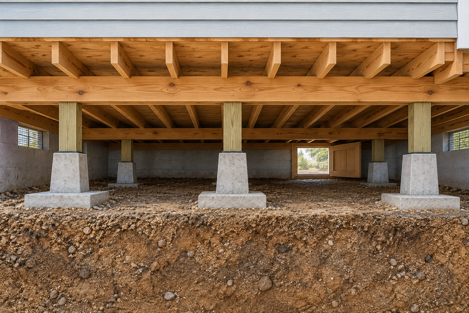 Conceptual crawl-space cutaway showing floor joists transferring load through a beam and posts or piers to footings and ground.