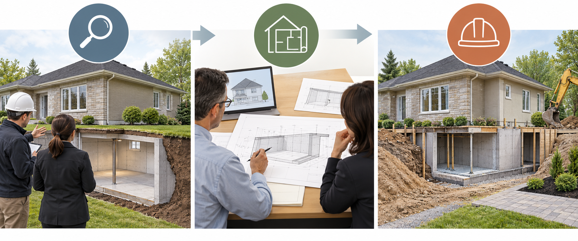 Conceptual sequence separating professional material assessment, structural design and approvals, and construction with restoration.
