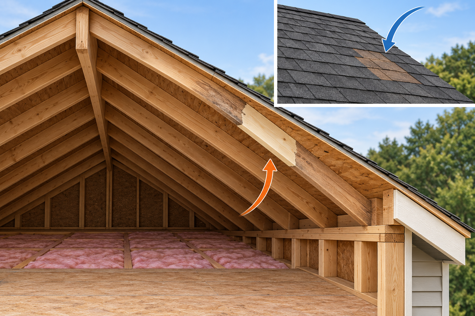 Conceptual roof cutaway showing conventional rafters and the difference between attic-side and roof-side access to a localized repair area.