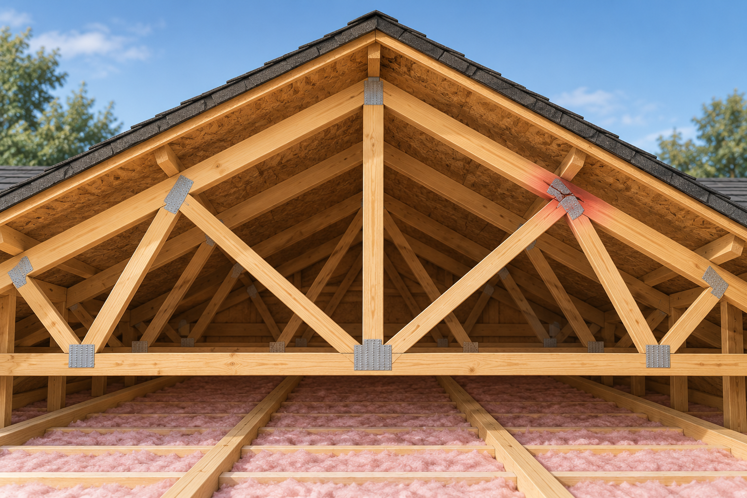 Conceptual attic cutaway showing roof-truss chords, webs, connectors, and a highlighted reported damage area.