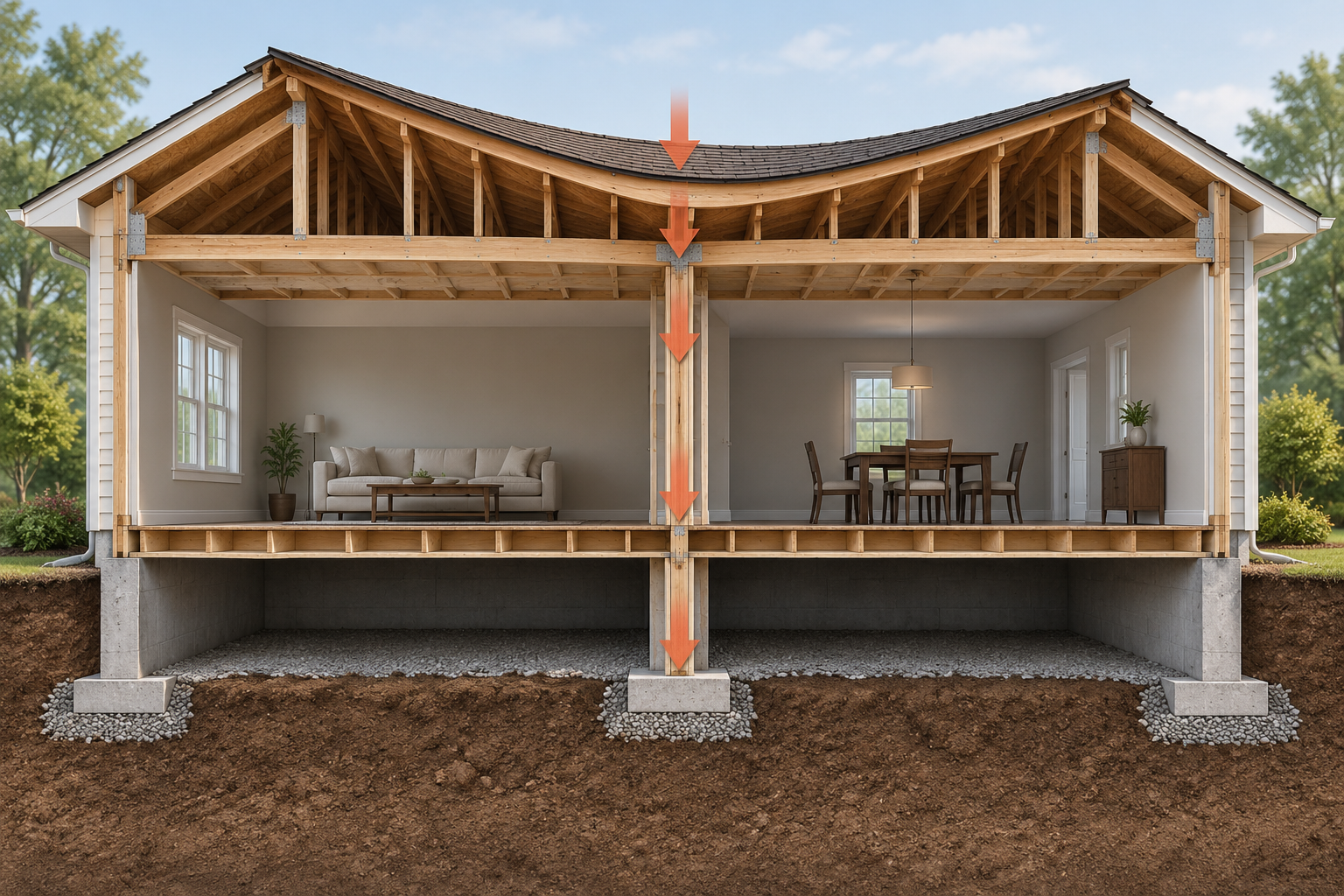 Conceptual house cutaway tracing a sagging roof plane through framing and supporting walls to the foundation.