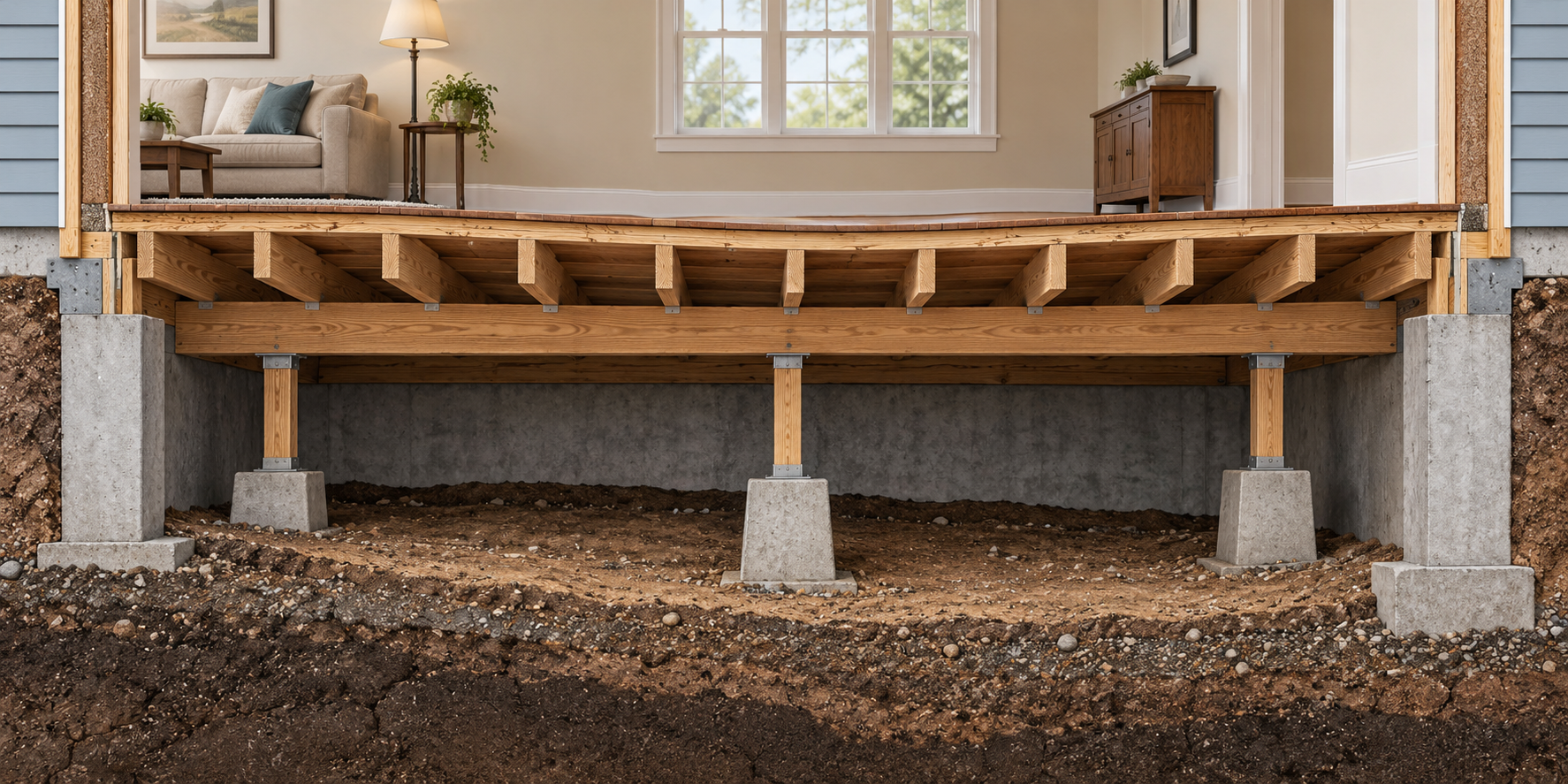 Conceptual cutaway tracing a gently uneven floor through joists, a main beam, posts or piers, foundation, and soil.