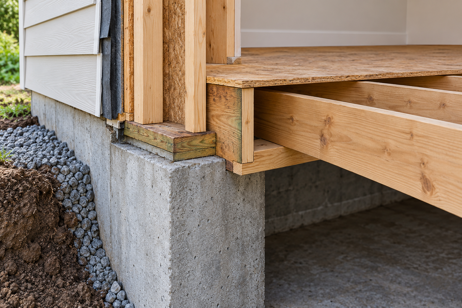 Conceptual cutaway of a foundation-to-wall connection showing the sill plate, rim joist, floor joists, and exterior framing.