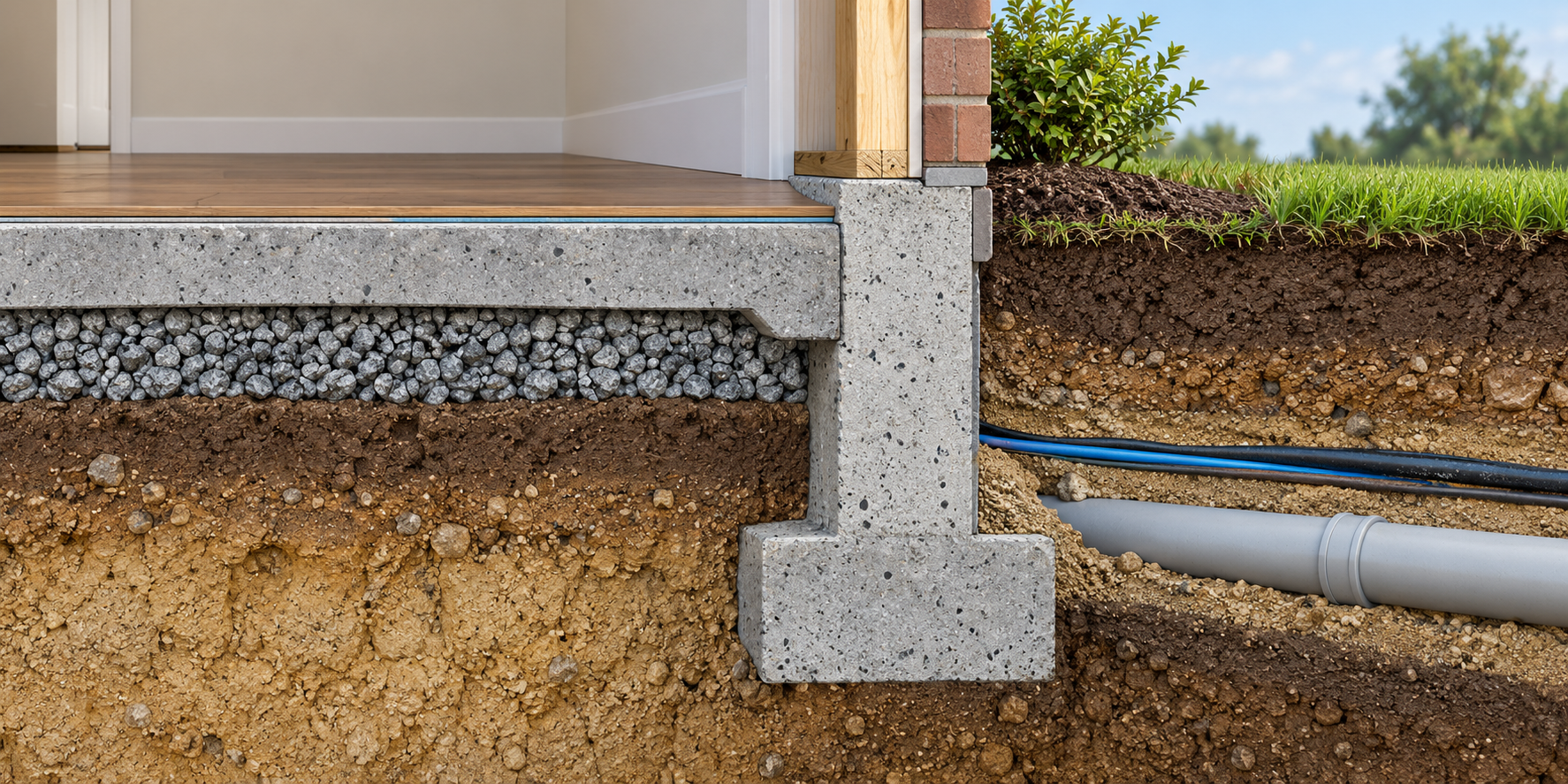 Conceptual cutaway showing a house floor slab, foundation perimeter, supporting soil, and nearby utility route as separate budget layers.