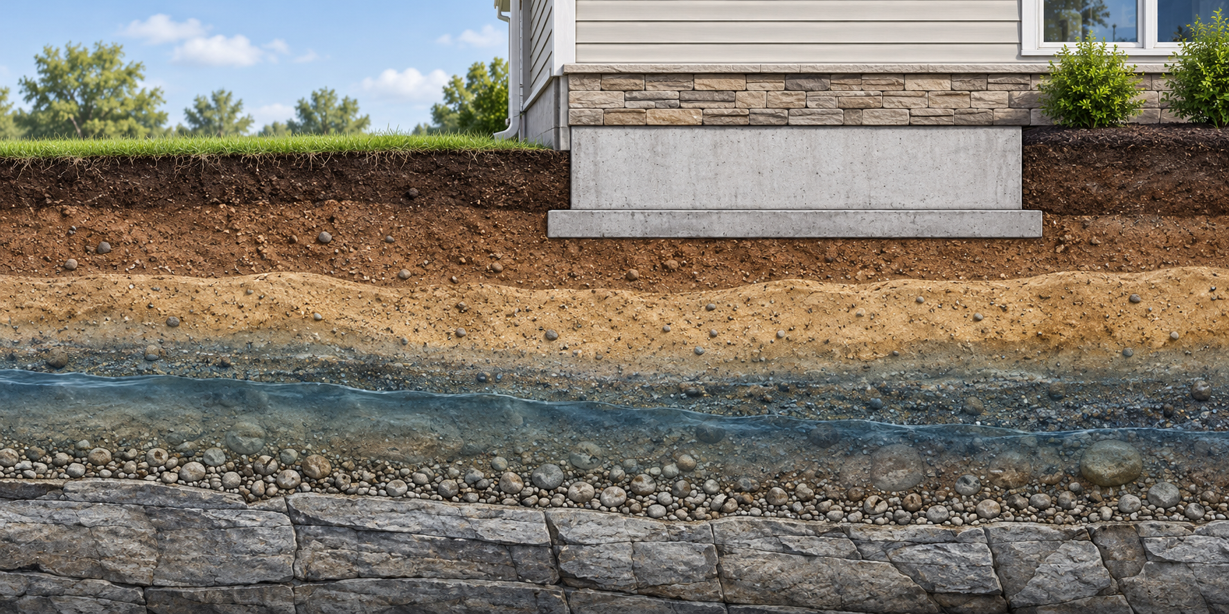 Conceptual cross-section showing soil layers and moisture conditions beneath a house foundation, separated from the structural support above.