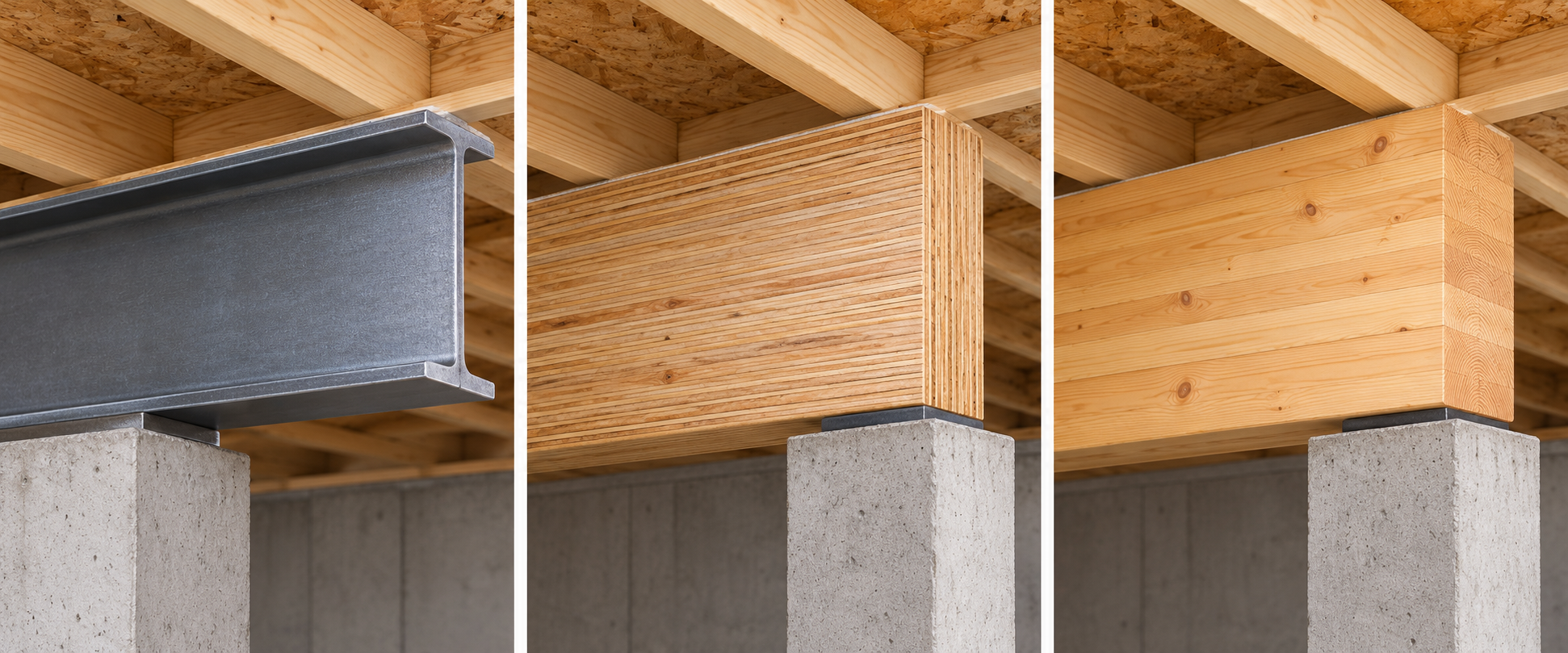 Side-by-side conceptual views of a steel I-beam, laminated veneer lumber beam, and glulam beam, without implying equal capacity.