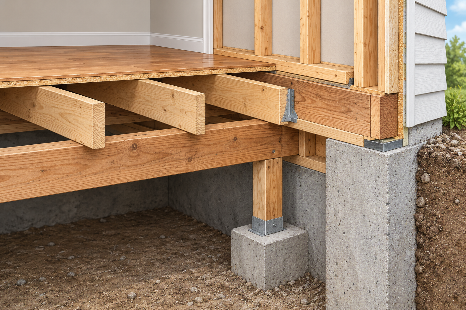 Conceptual cutaway showing connected joists, rim, sill, post, and beam visible through a selective finish opening.