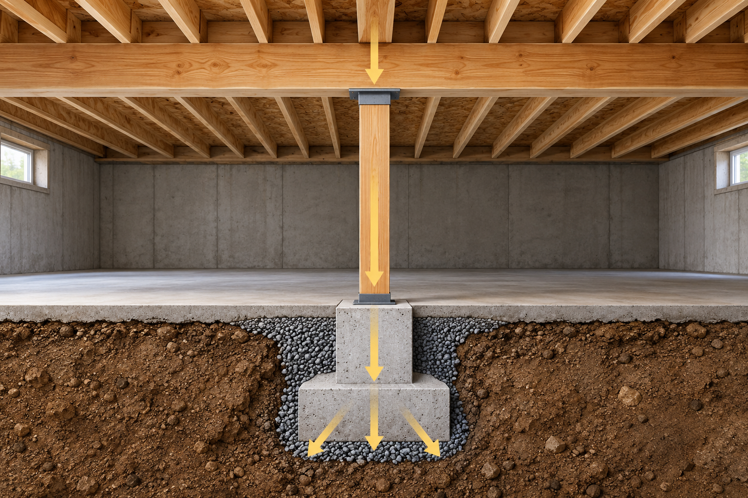 Conceptual basement cutaway showing a support post transferring load from a beam to a footing and ground.