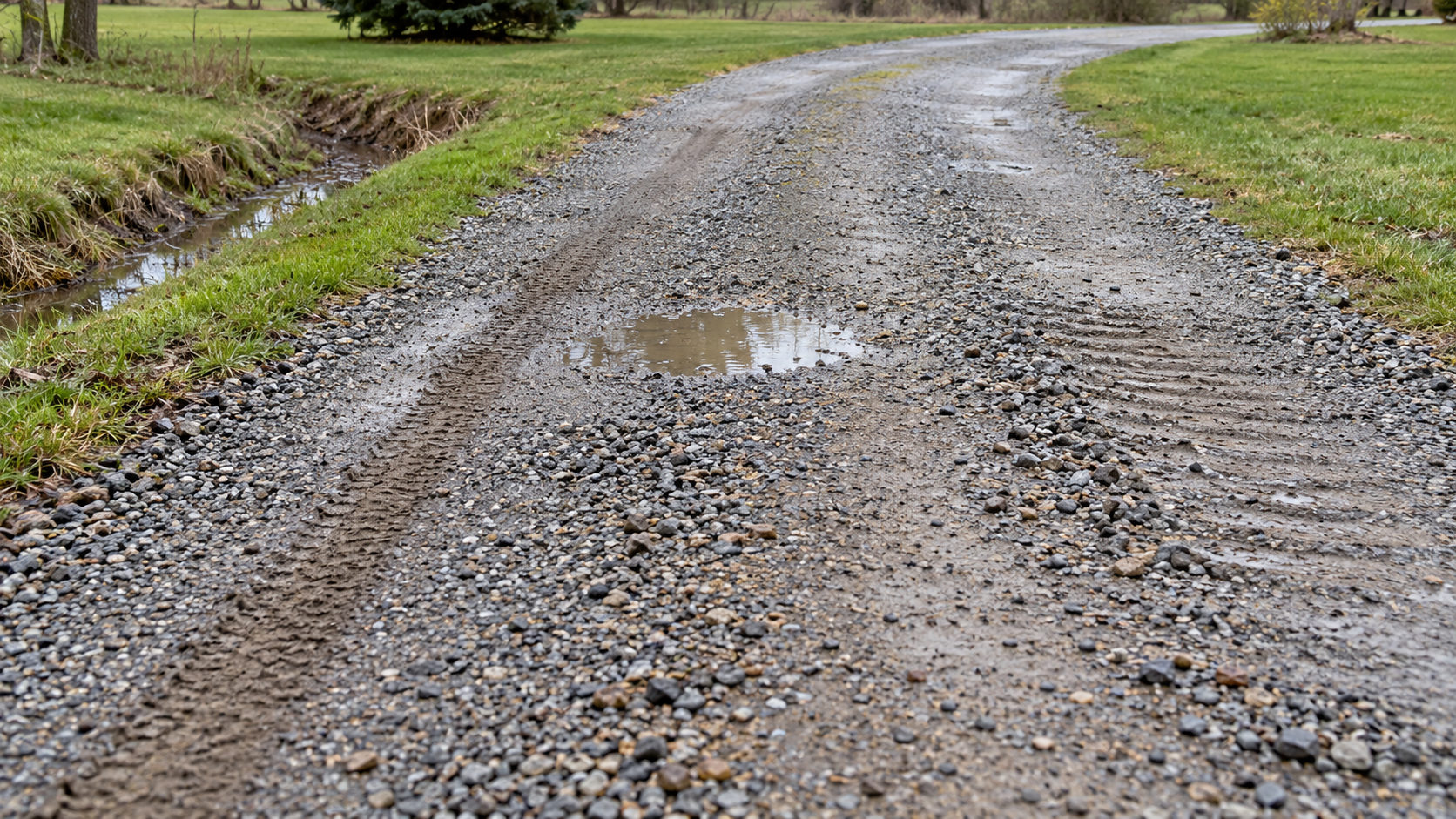 A damp gravel driveway with shallow tire ruts, loose aggregate, and a small puddle after rain.