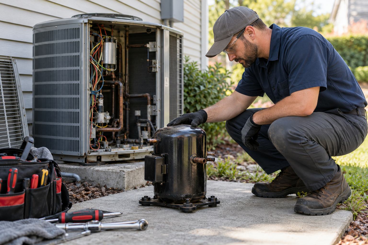 An HVAC technician examines a removed air-conditioner compressor beside its condenser.