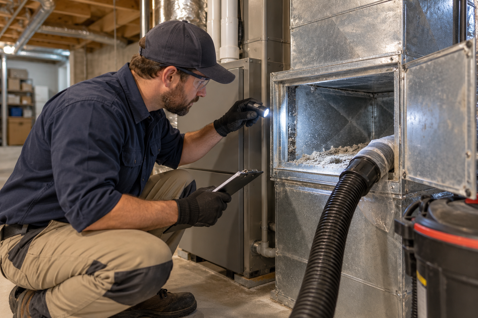 A technician inspects visible dust in a metal return duct through an access opening.