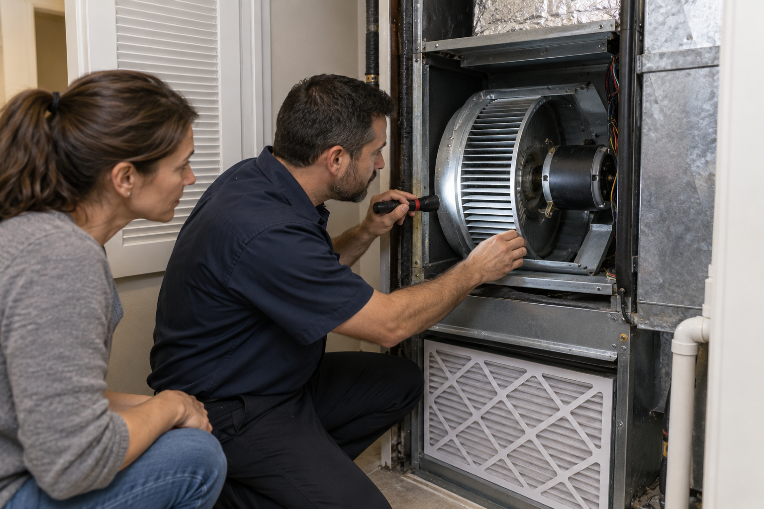 An HVAC technician inspects an air-handler blower wheel, motor, and filter with the homeowner.