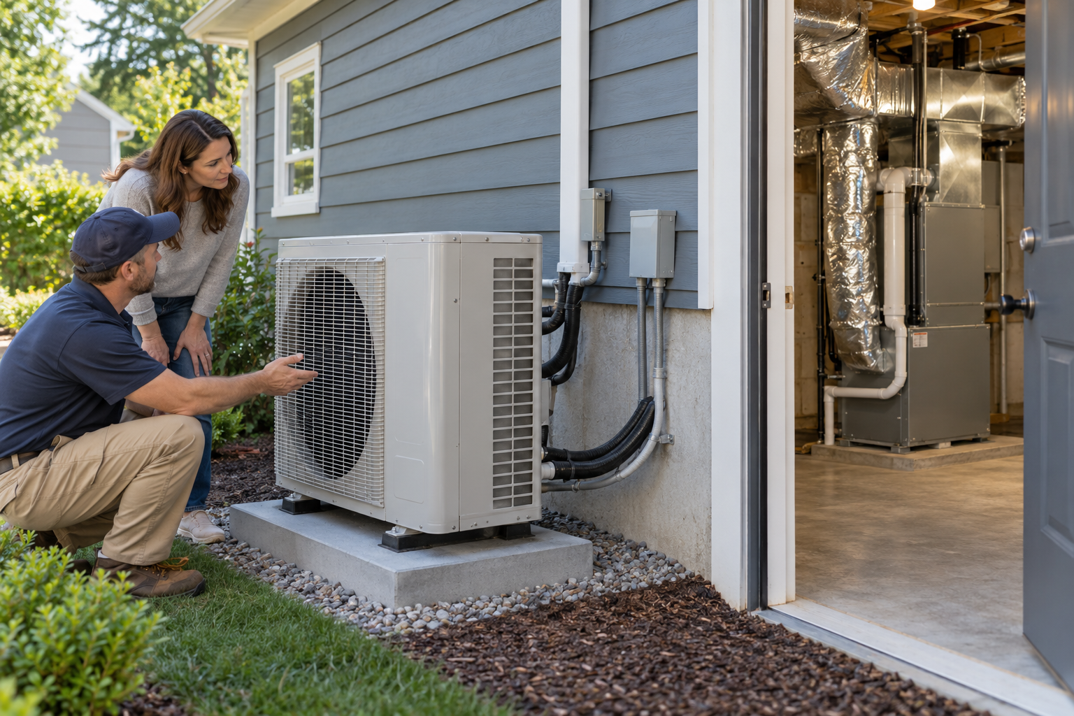An installer and homeowner review an outdoor air-source heat-pump unit and its ducted-system connections.
