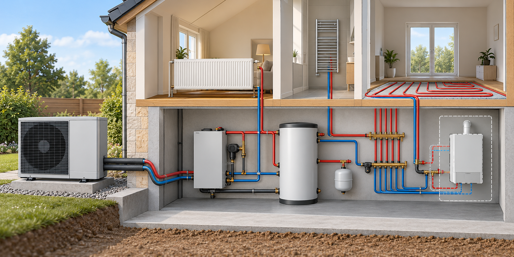 Conceptual cutaway of an outdoor air-to-water heat pump connected to a home&rsquo;s hydronic emitters, with a buffer vessel and an optional retained boiler.