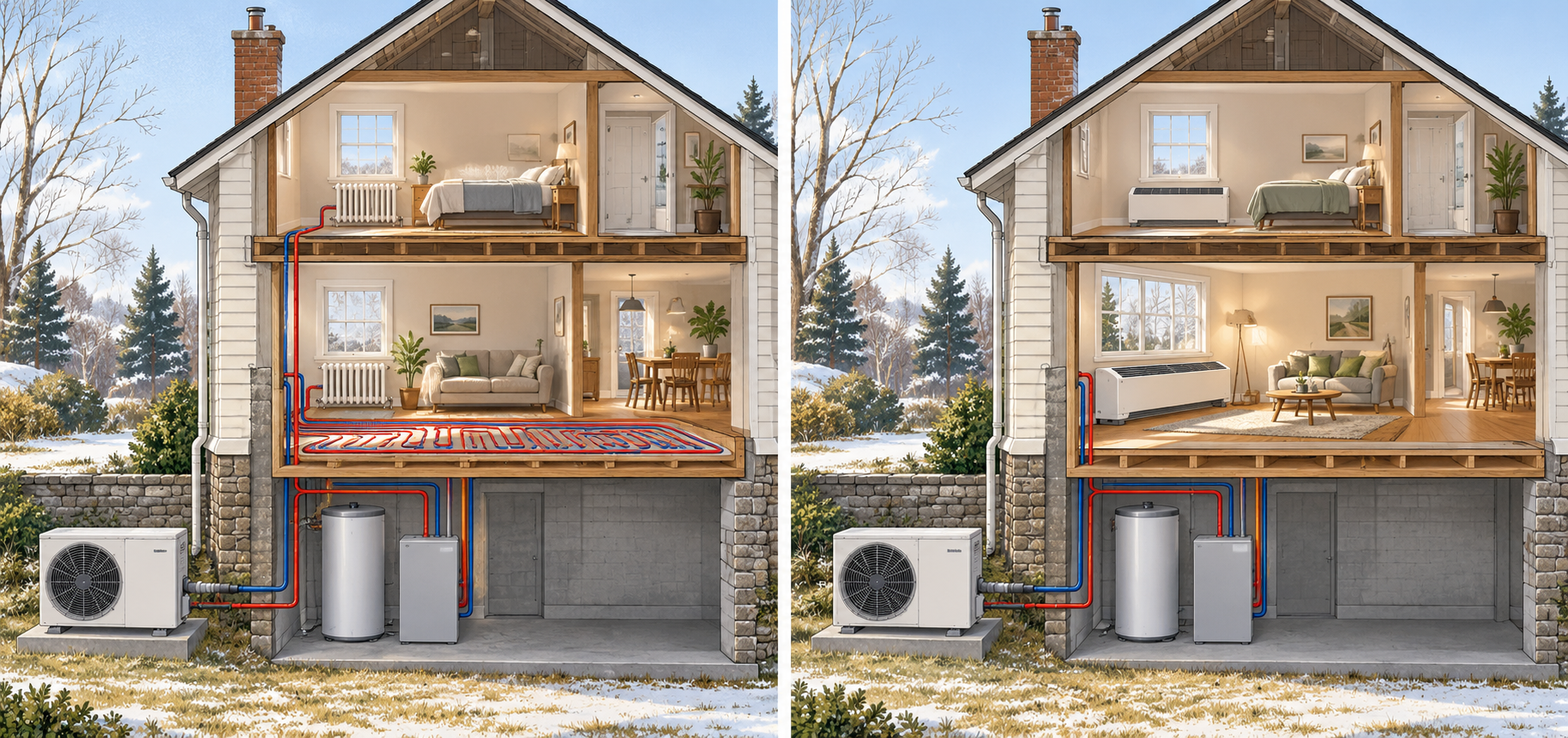Two possible hydronic retrofit outcomes: one retaining existing radiators and floor loops, another using a larger low-temperature radiator or hydronic fan coil.