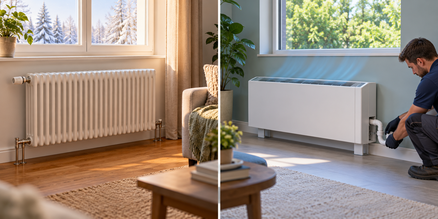 A conventional radiator shown for heating beside a purpose-selected hydronic fan coil with managed condensate for a cooling application.