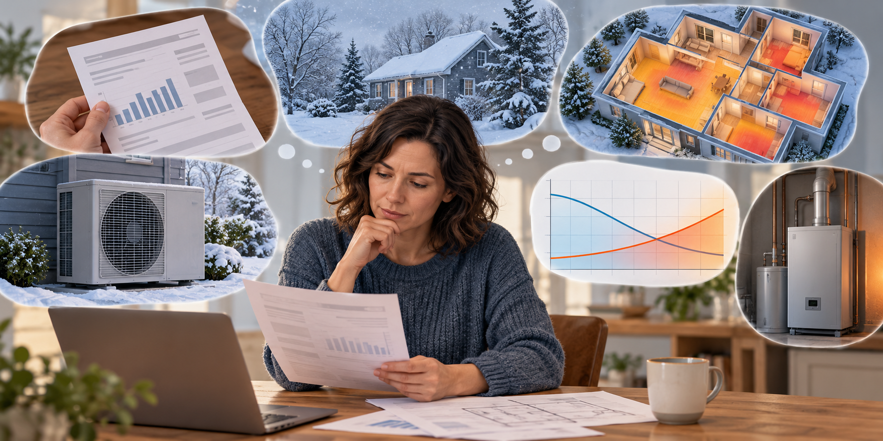 A homeowner considers utility rates, winter conditions, room heat needs, heat-pump performance, and backup heat when comparing operating costs.