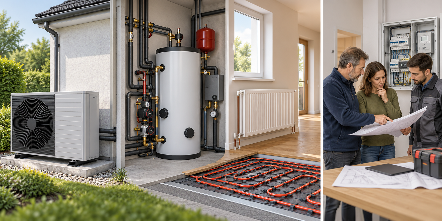 Possible air-to-water heat-pump quote components shown as outdoor equipment, hydronic integration, home distribution, and professional planning.