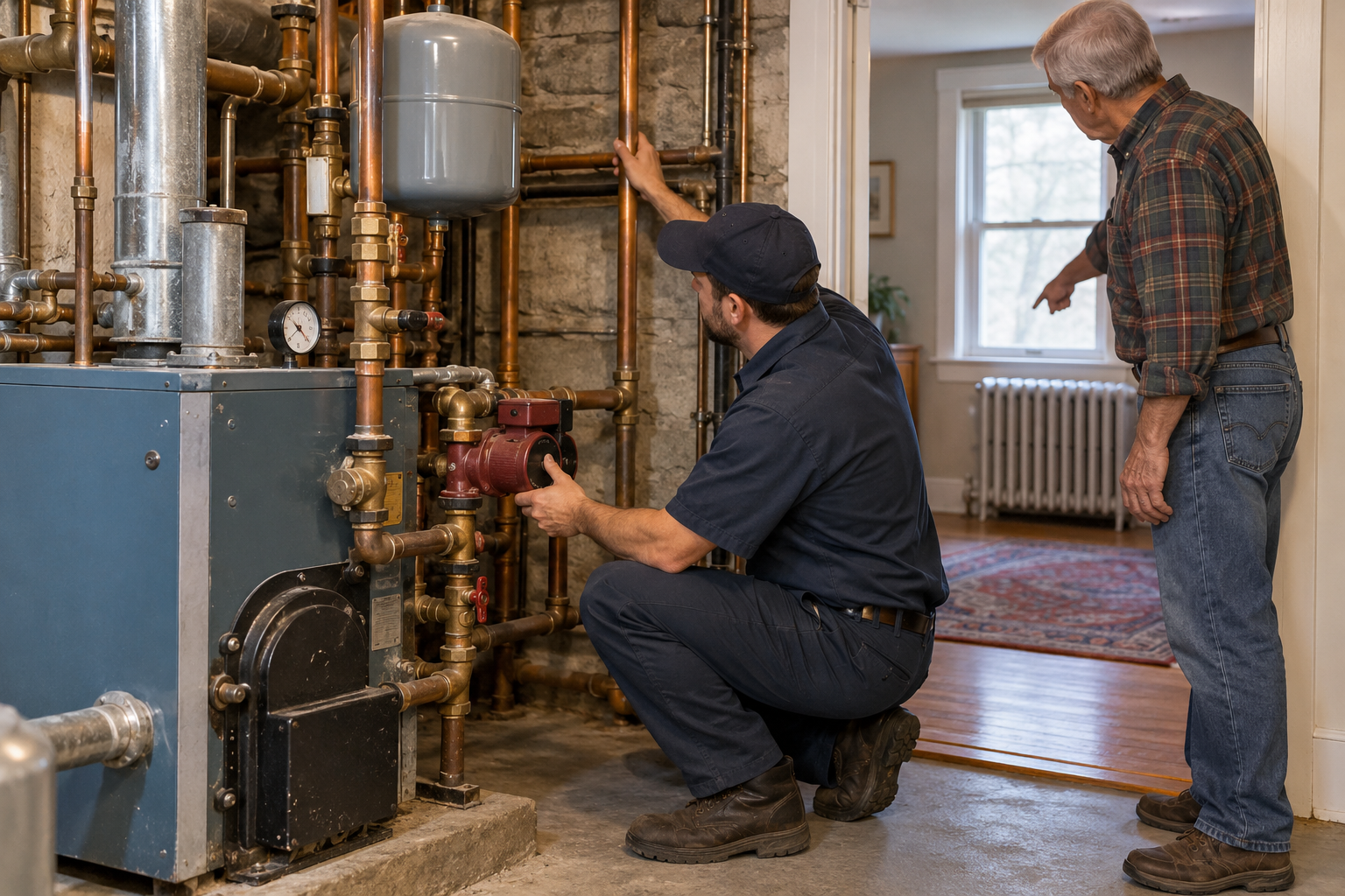 A boiler technician checks a circulator and heating pipes while discussing a radiator with the homeowner.