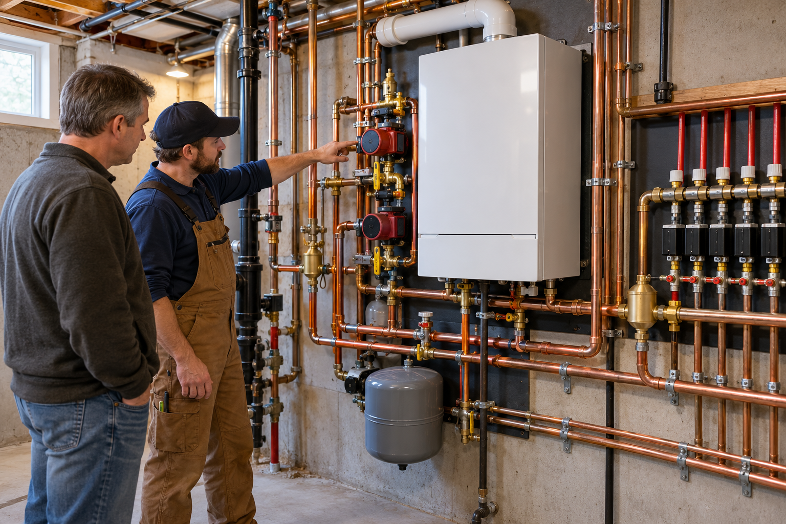 A heating installer reviews boiler circulators and hydronic distribution piping with the homeowner.