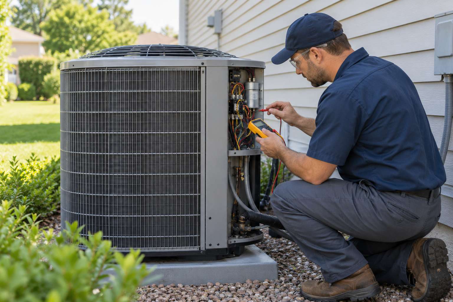 An HVAC technician checks the electrical compartment of an outdoor central AC condenser.