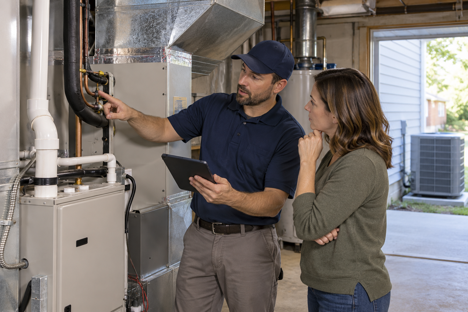 An HVAC installer reviews an indoor evaporator coil and system connections with a homeowner.