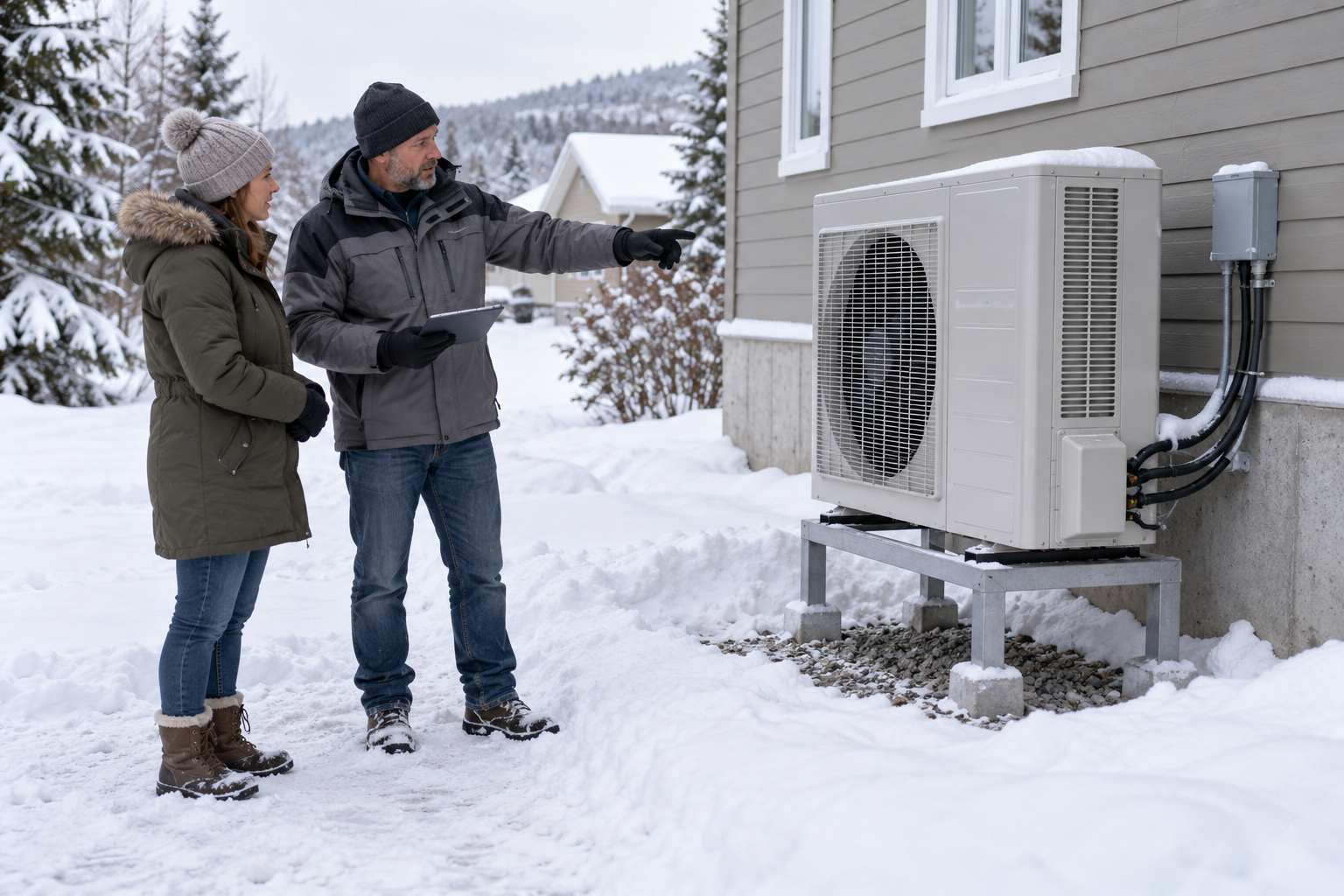 A homeowner and HVAC designer review a raised outdoor heat-pump unit with snow clearance in winter.