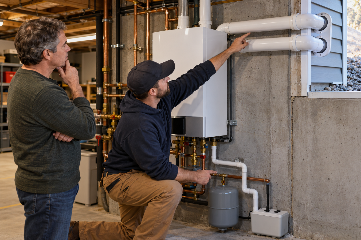 A heating installer reviews vent pipes and a condensate drain on a condensing-boiler retrofit with the homeowner.