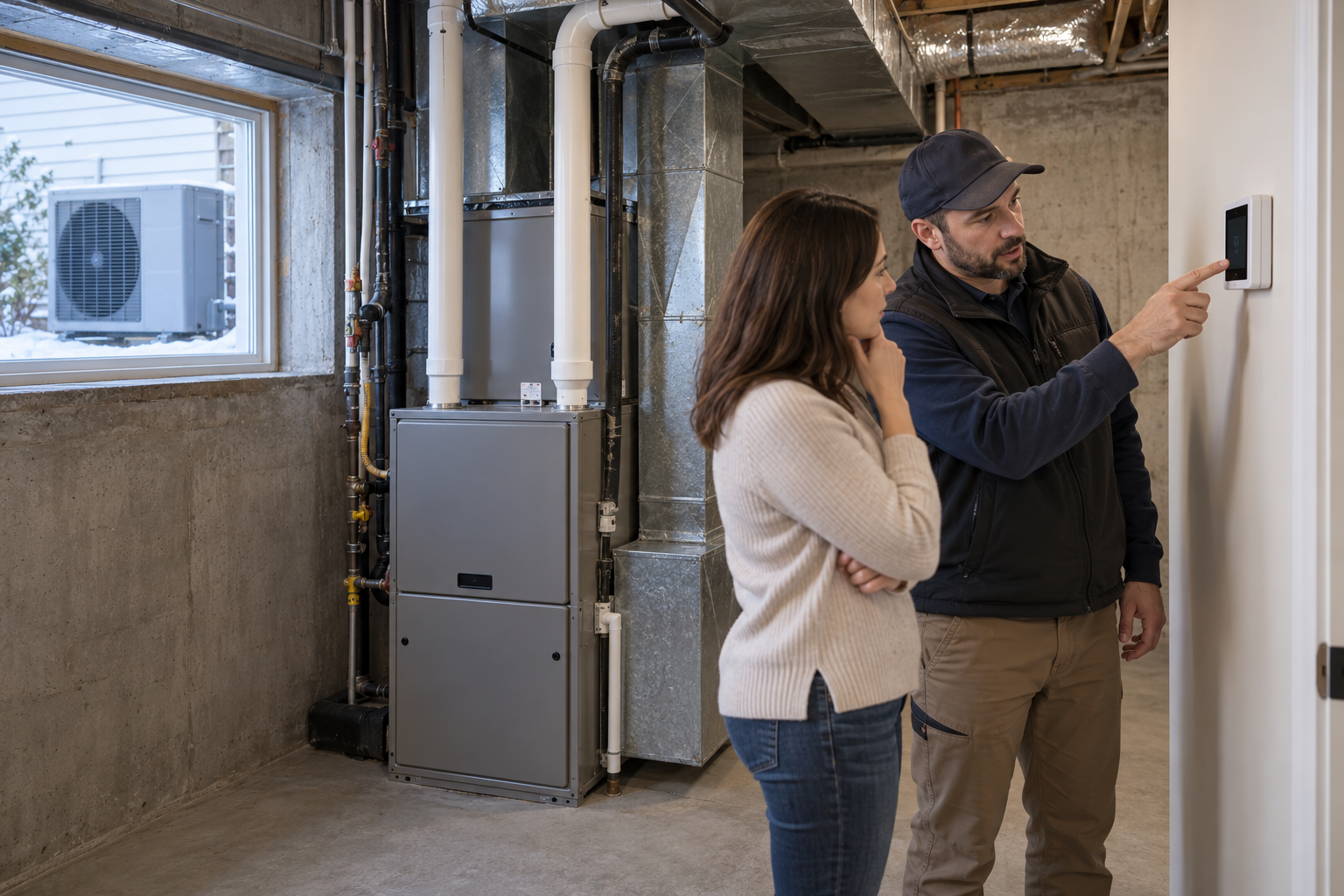 An installer explains the thermostat and retained furnace alongside an outdoor heat pump to the homeowner.