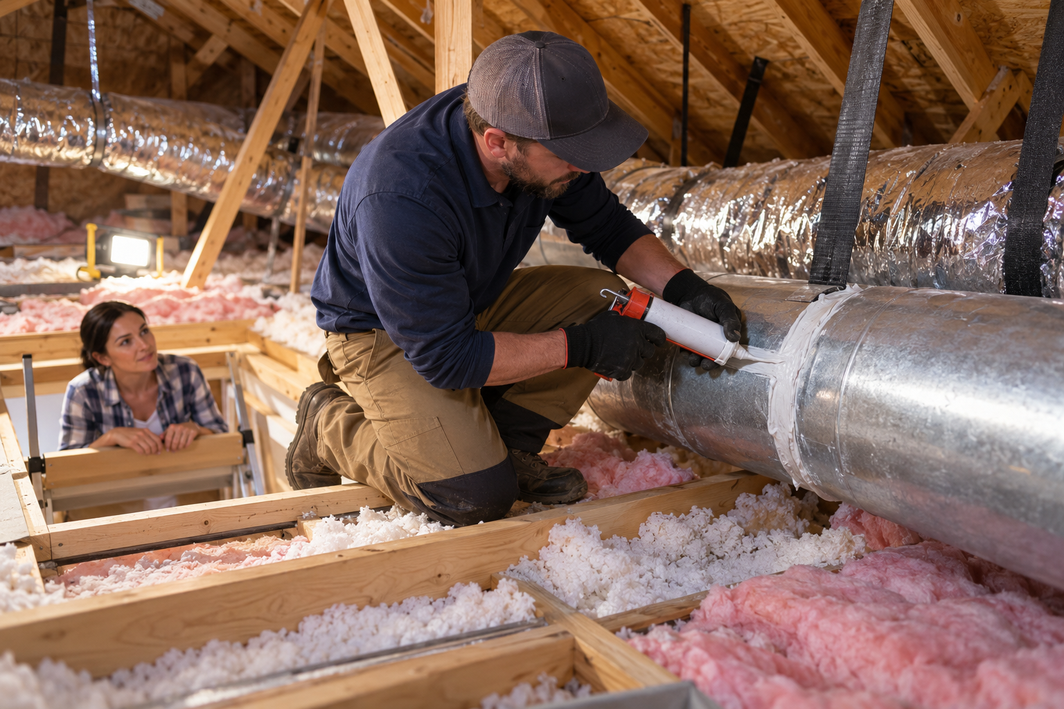 An HVAC technician seals a duct seam in an attic with existing insulation while the homeowner observes.
