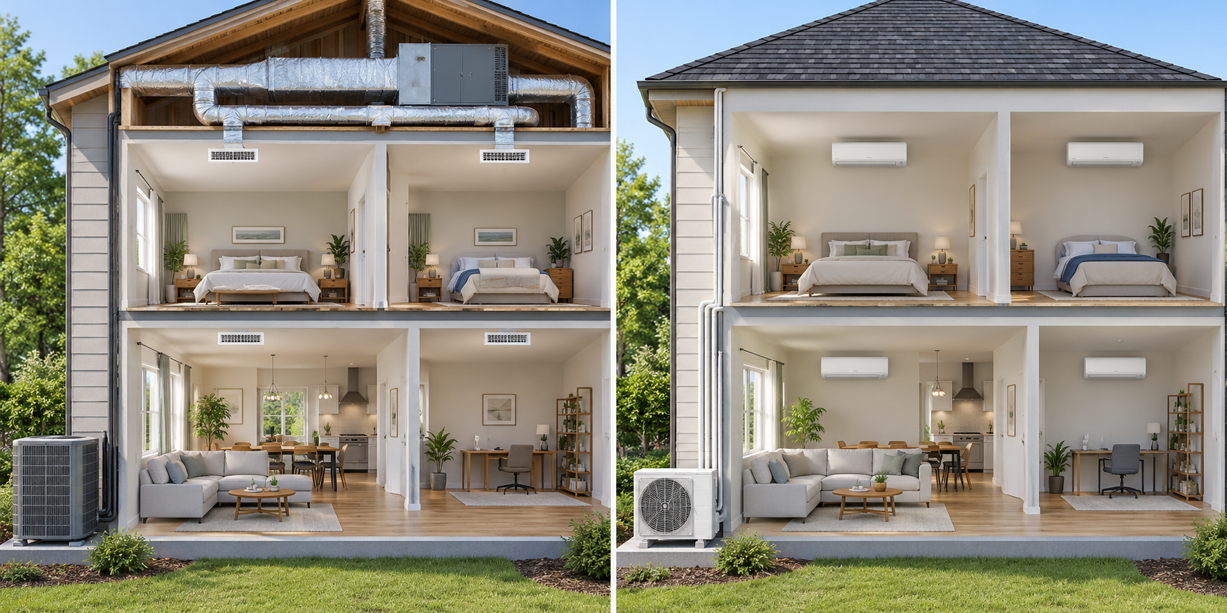 Side-by-side cutaway illustration of a home with ducted air delivery and a home with ductless indoor heads.