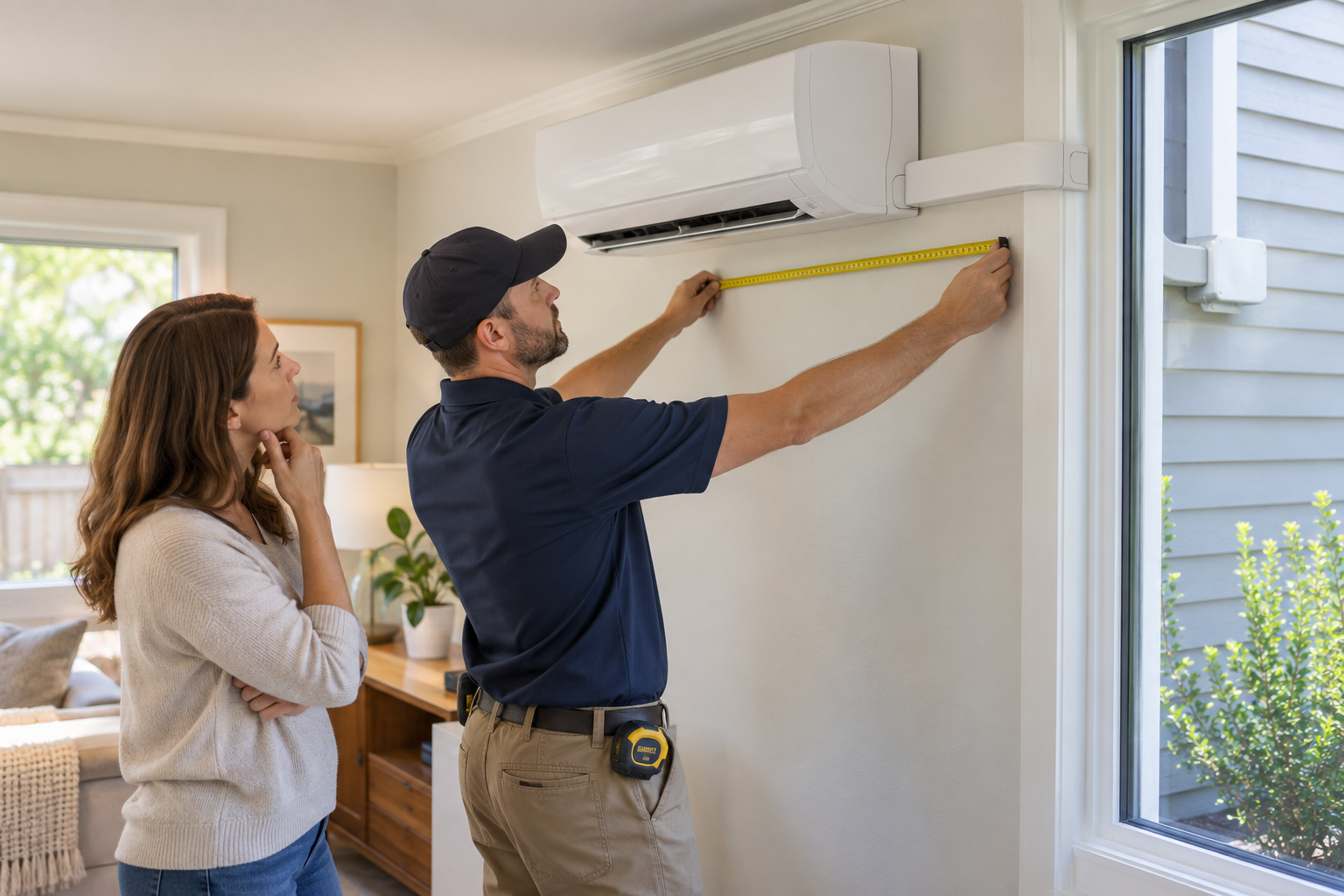 An installer measures the placement of a ductless indoor head with the homeowner.