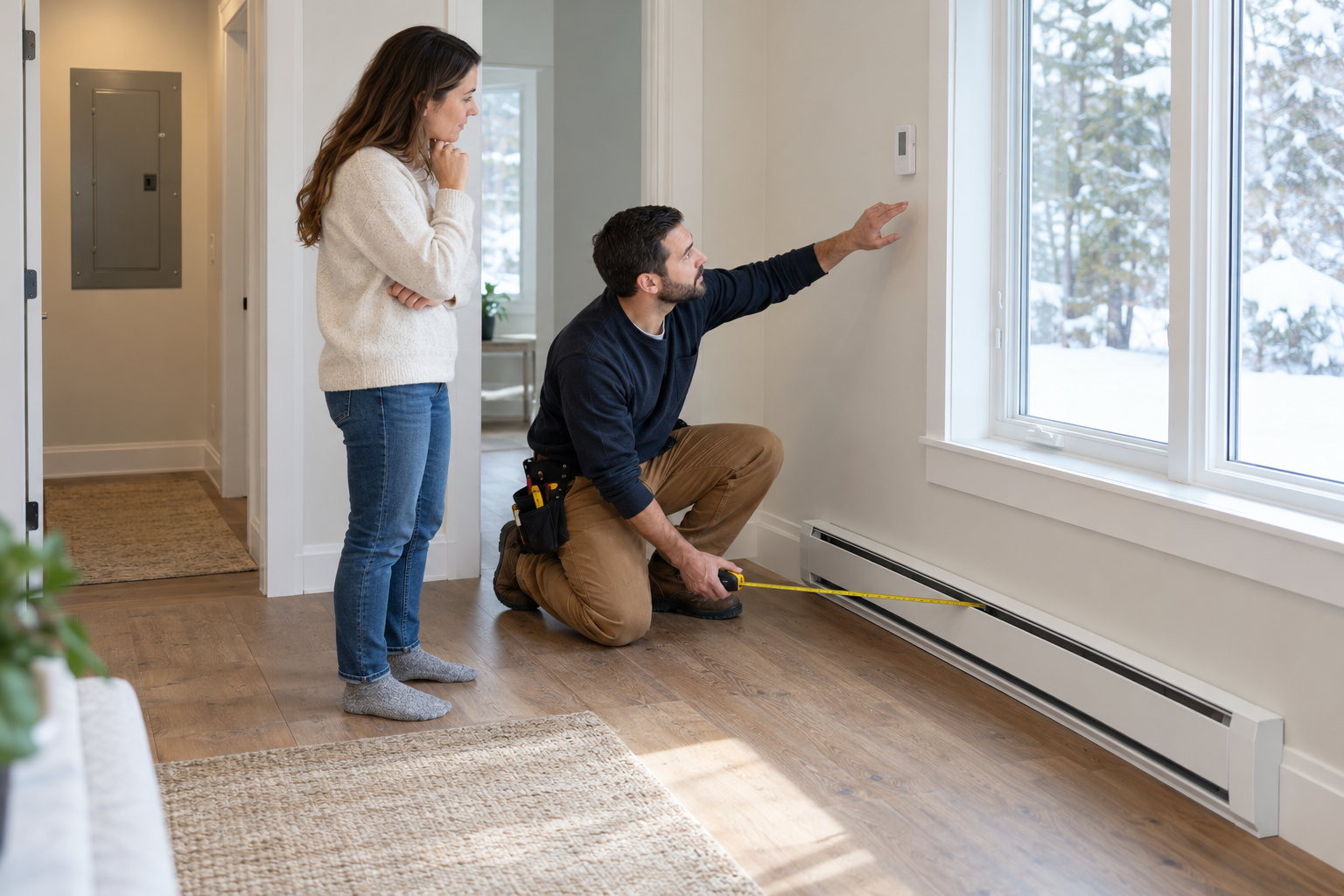 An electrician measures a room and baseboard heater location while discussing thermostat placement with a homeowner.