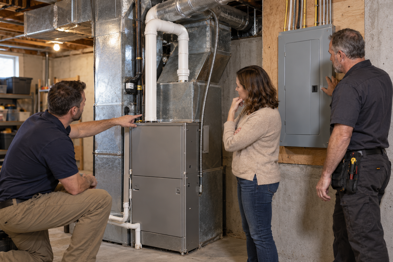 An HVAC contractor and electrician review a forced-air furnace and closed electrical panel with a homeowner.