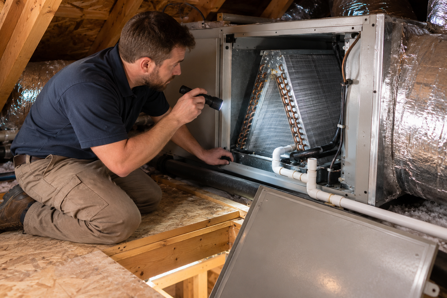 An HVAC technician inspects an indoor evaporator coil cabinet and condensate drain in an attic.