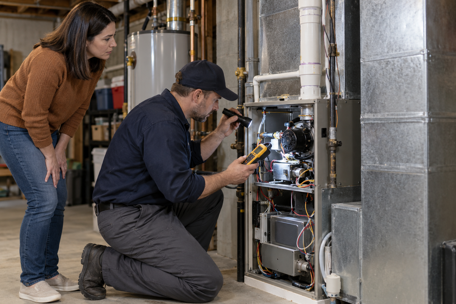 An HVAC technician inspects a furnace service compartment while the homeowner observes.