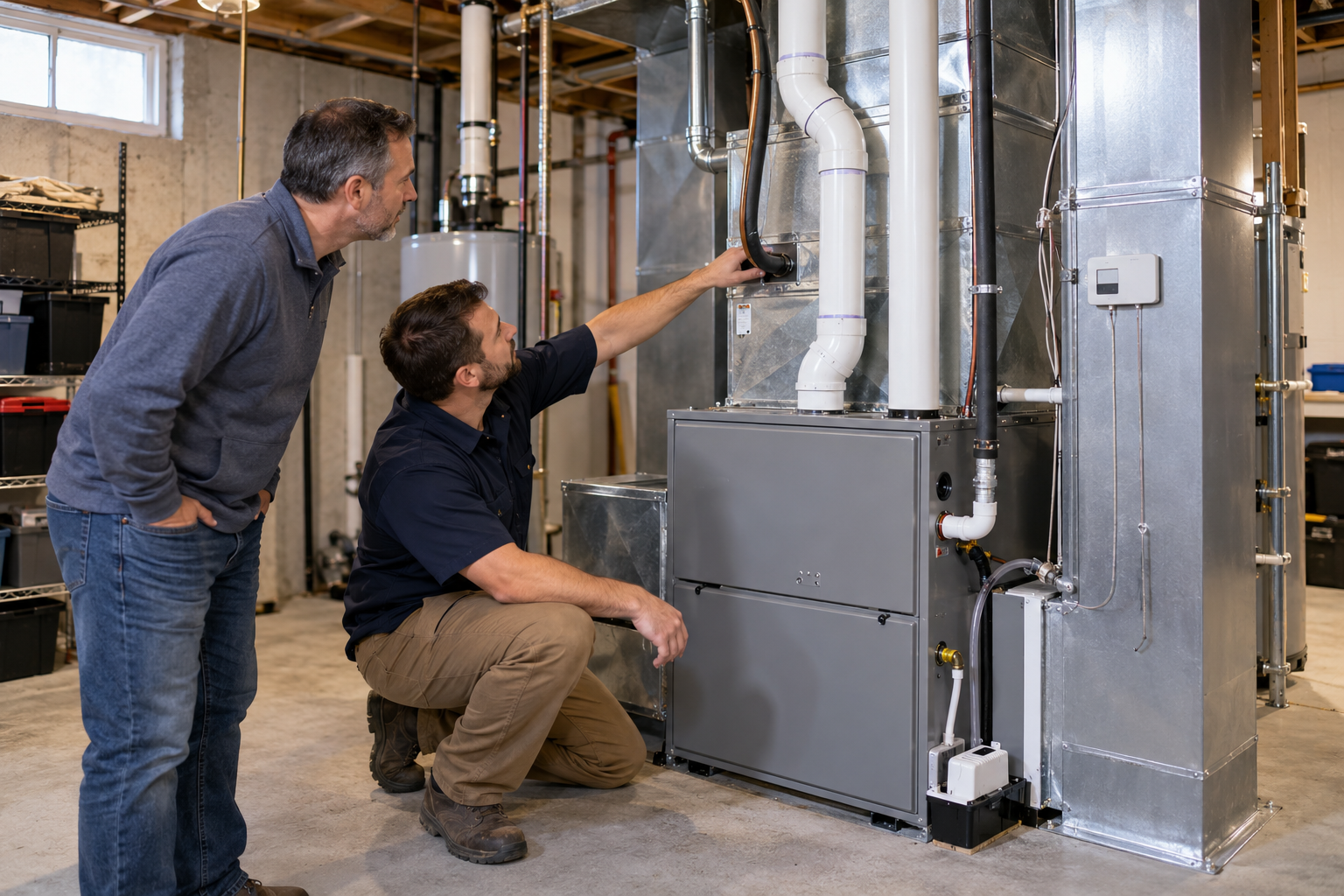 An installer checks furnace venting and duct connections during a replacement assessment.