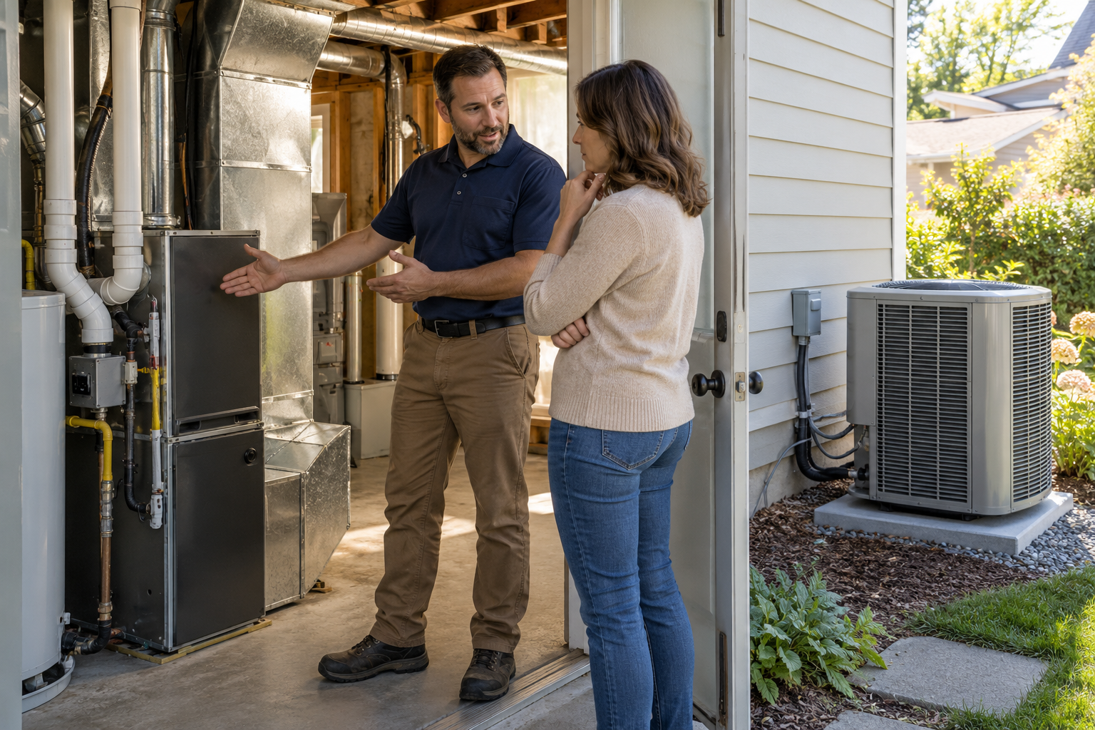 A homeowner discusses an existing furnace and outdoor heat-pump option with an HVAC professional.