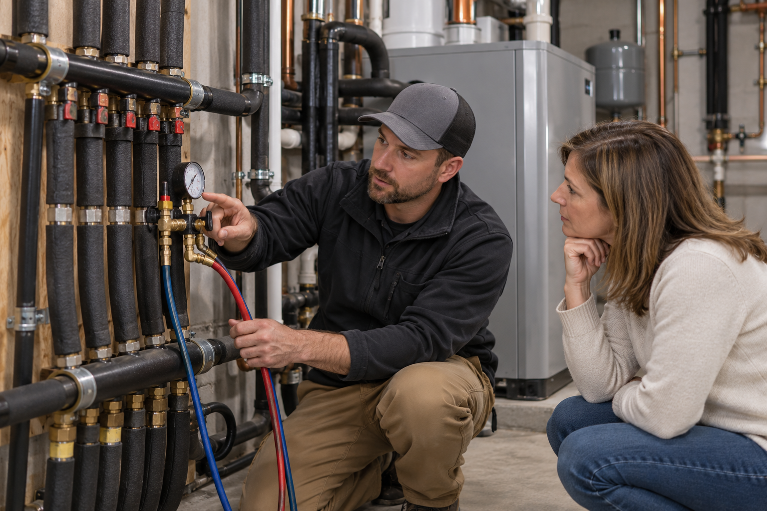 A geothermal technician reviews pressure testing at an accessible ground-loop manifold with a homeowner.